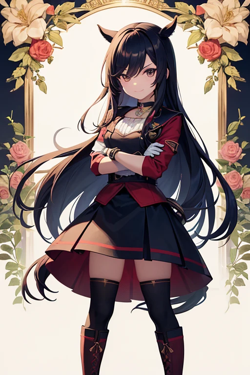 (Best Quality:1.2),Alone,1 girl,MDRIN:,SMILE,looking at the viewer,crossed arms,Horse tail,v shaped eyebrows,White jacket,Red shirt,Gloves without fingers,black skirt,choker,illustration,floral garden background,warm color tones,soft lighting, hair over one eye, ultra long hair, standing on the main summit, long boots