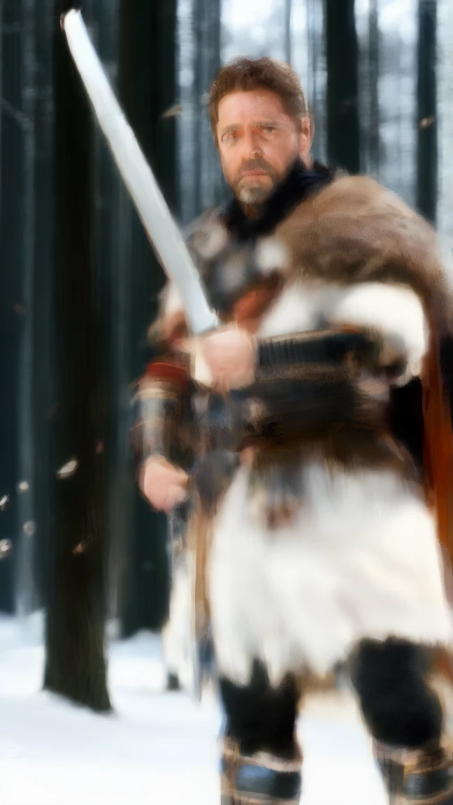 russell crowe as gladiator with big sword in the snow forest hiper realistic strong cinematrographic pic super high quality