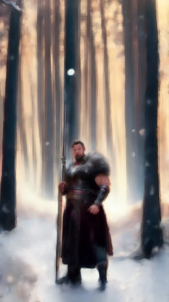 russell crowe as gladiator with big sword in the snow forest hiper realistic strong cinematrographic pic super high quality