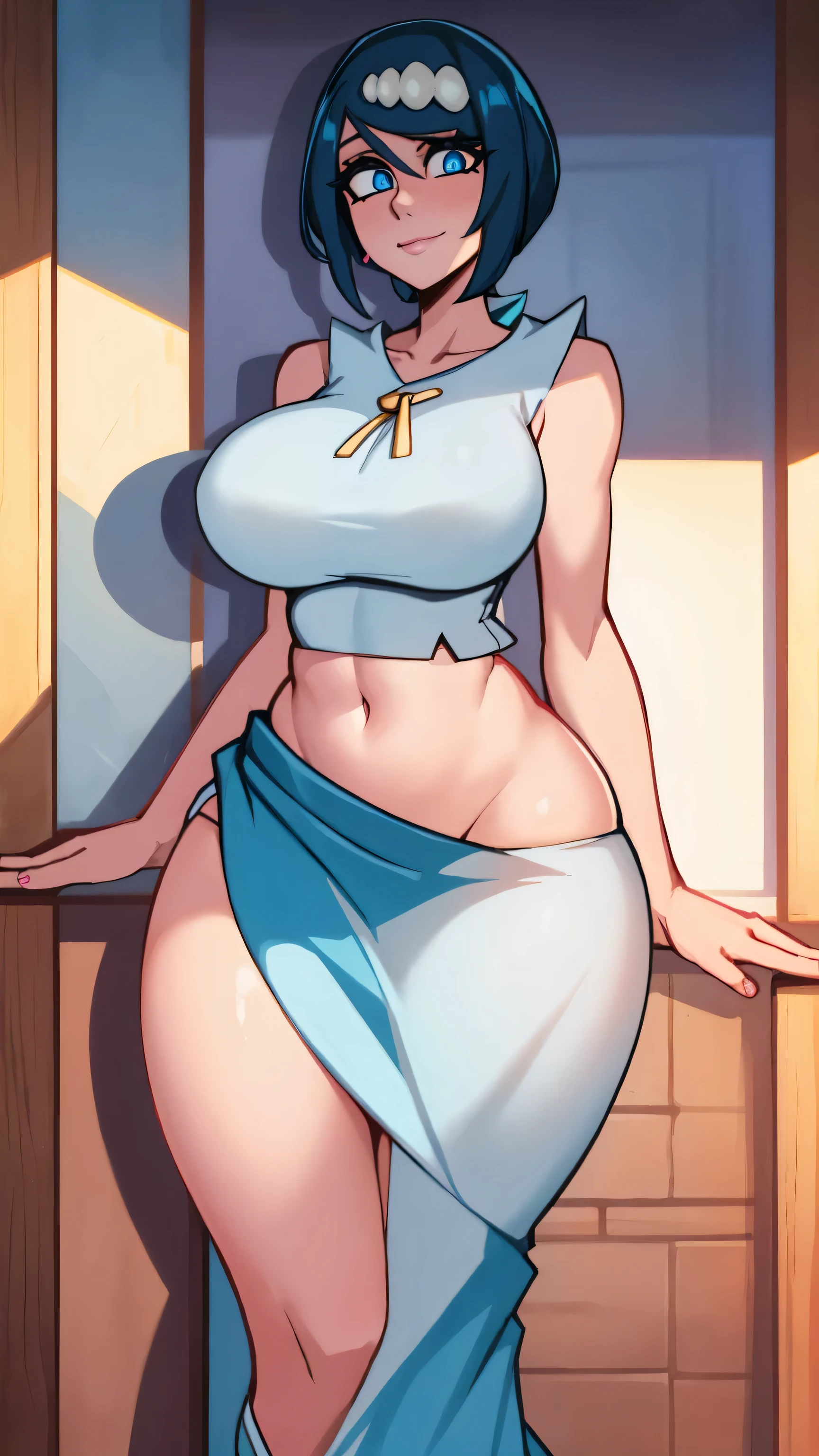 a sexy girl beautiful beauty light blue hair her big round blue eye light pink lip she wears a white sleeveless shirt she shows her navel and a long blue skirt with a long heel black hair wearing a pussy she is happy
