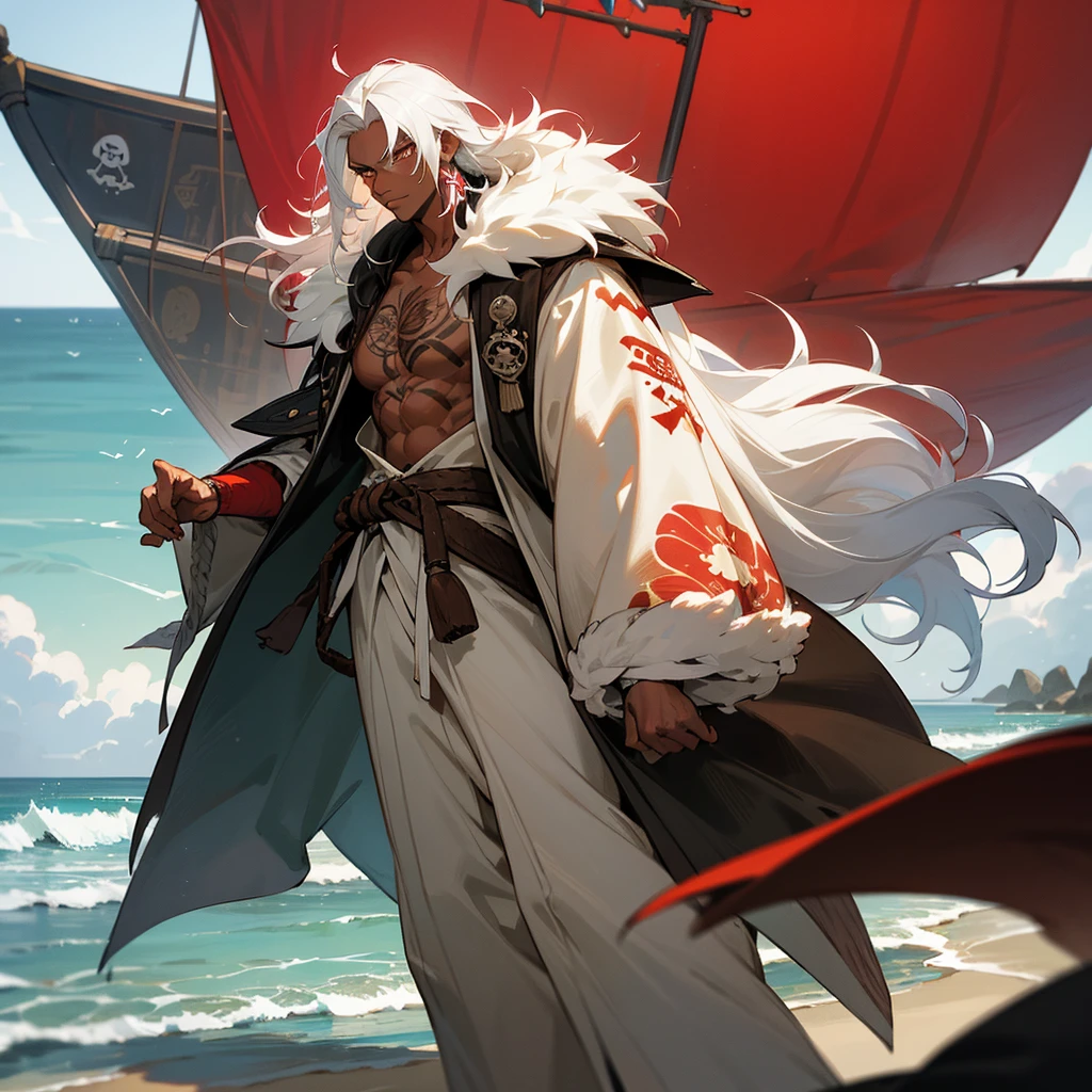 1male, young adult, dark skin, finely detailed crimson eyes, wild medium hair, seashell white hair color, loose pirate clothing, oversized fur hood, standing on coast, day time, beach, somber expression, muscular, flowers, tattoos