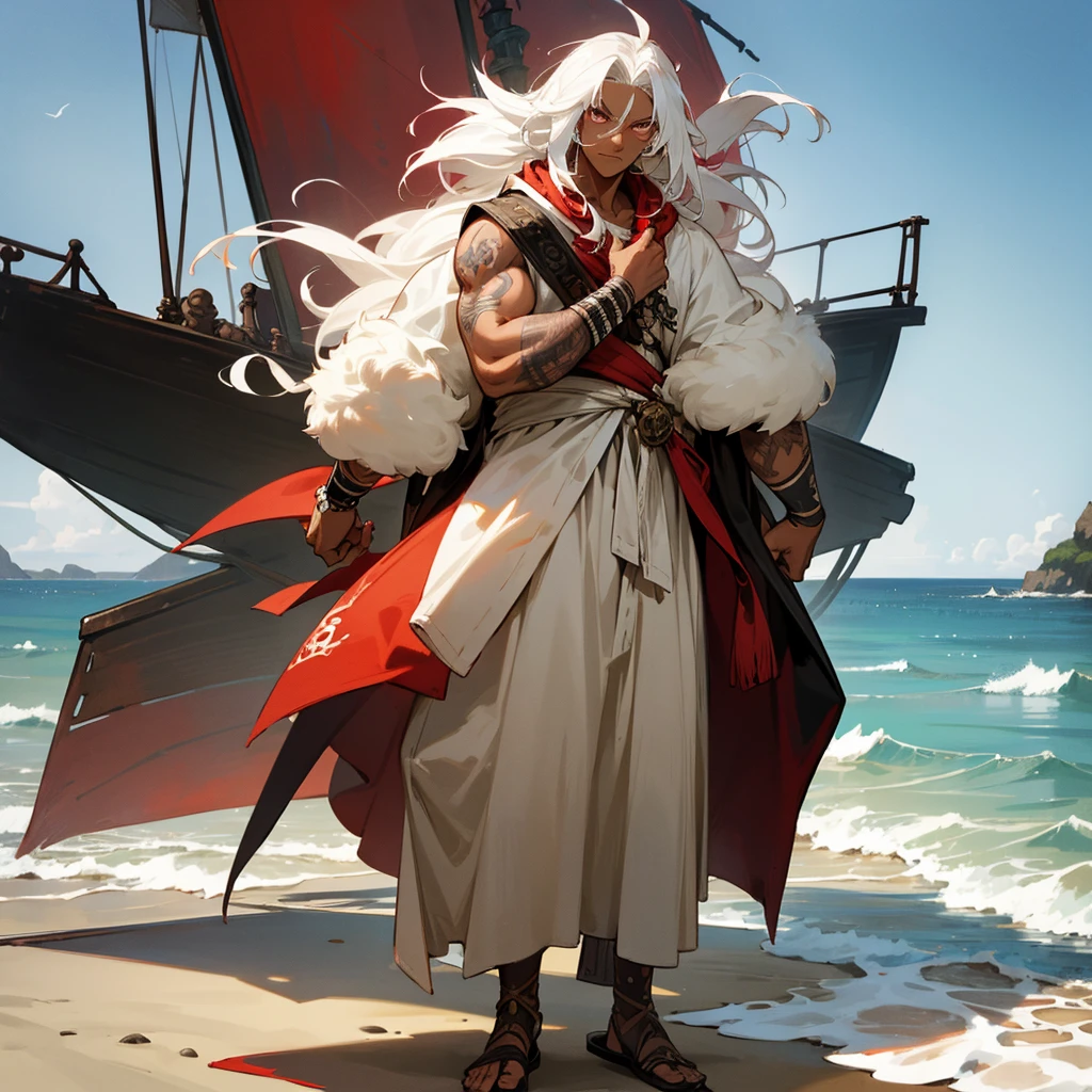 1male, young adult, dark skin, finely detailed crimson eyes, wild medium hair, seashell white hair color, loose pirate clothing, oversized fur hood, standing on coast, day time, beach, somber expression, muscular, flowers, tattoos