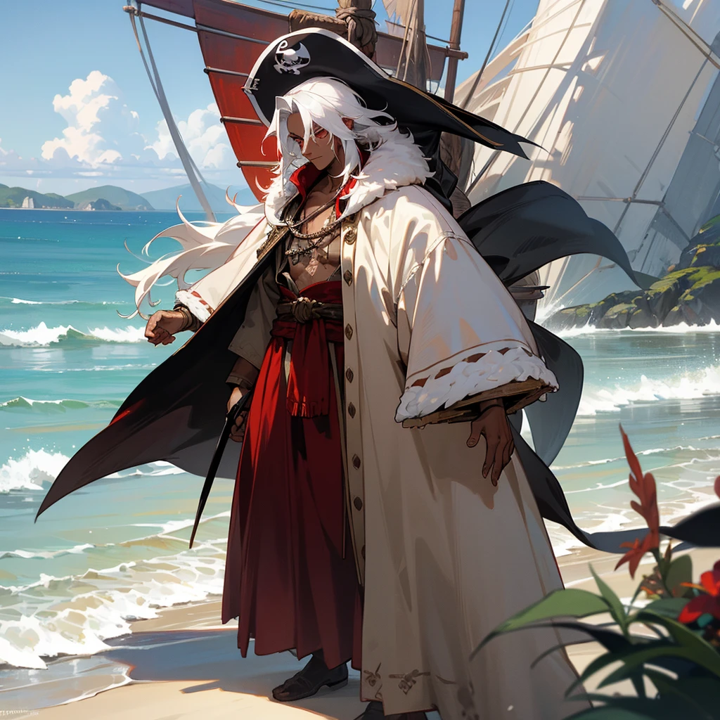 1male, young adult, dark skin, finely detailed crimson eyes, wild medium hair, seashell white hair color, loose pirate clothing, oversized fur hood, standing on coast, day time, beach, somber expression, muscular, flowers, tattoos