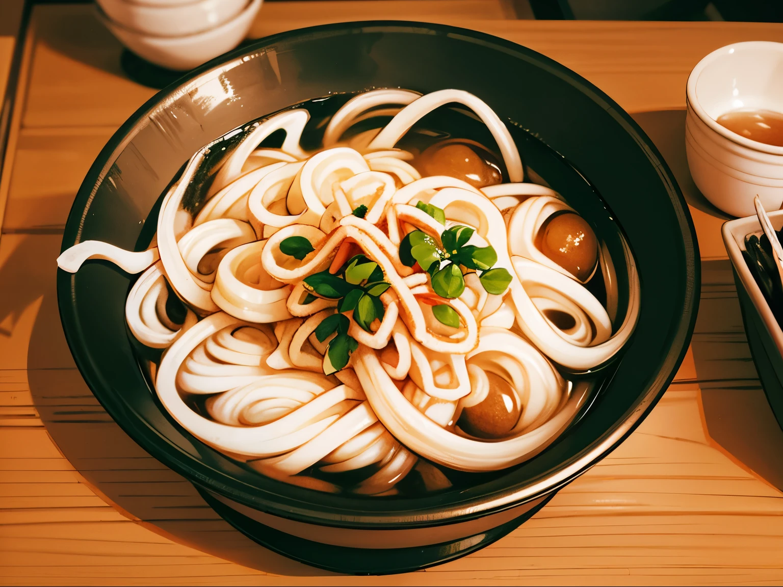 High resolution, 8K Ultra HD, ((ink and painting)),Japanese udon restaurant. An elf is eating very wide udon served in a very small colander. There is nothing in the colander except white udon.