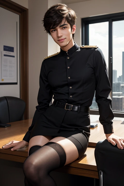 Best Quality, Full Body Portrait, Cinematic Texture Shot, Exquisite Face, Beautiful Face, 20 Year Old , young man, Smiling, Slim Figure, Small Bust, OL Uniform, Office Wear, Black Stockings, Interior Scene, Office, Seated, wide hips, thin and narrow weist, big large feminine breasts, large male reproductive organs, very small spikey boyish haircut, long legs, thick thighs, hot male