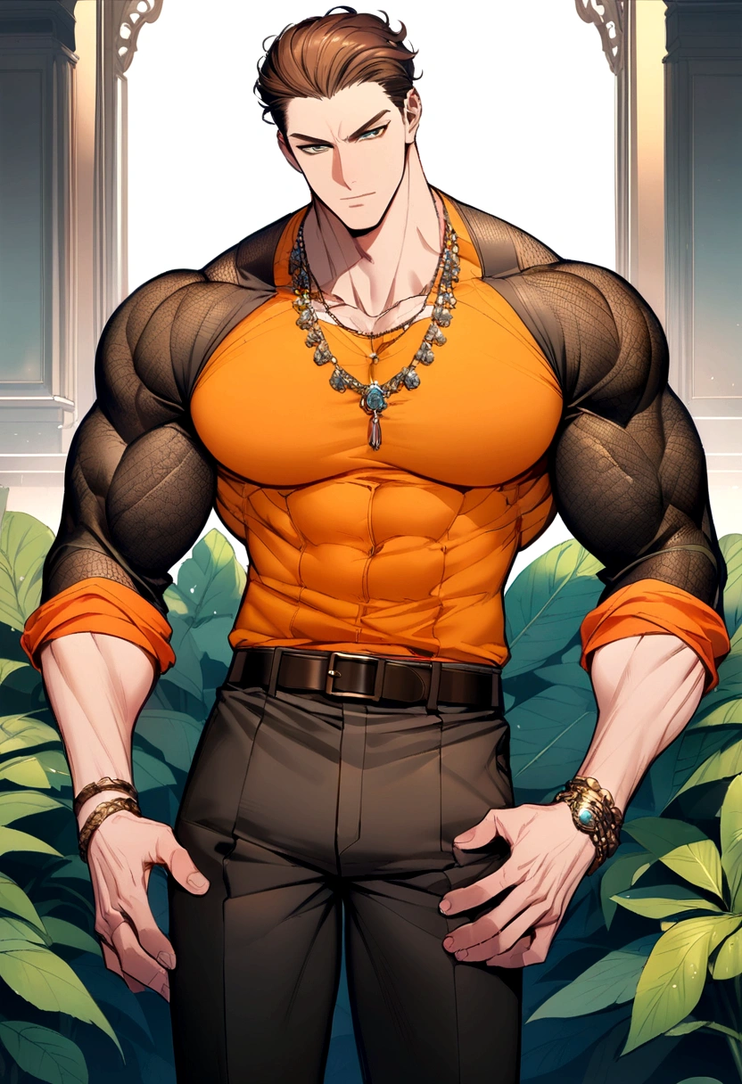 Tall boy, a muscular, an orange shirt, brown hair and a necklace.