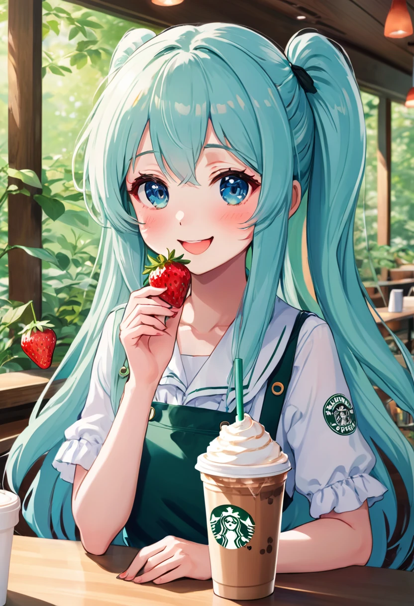 アニメのちびキャラ drinking starbucks coffee with a straw in her hand, A lively Starbucks interior in the forest、Light blue long hair、Twin-tailed anime chibi character、A cute anime chibi character with a bright smile, (Anime Girls), Cute girl anime visuals, Mysterious Coffee Shop Girl, young Anime Girls, Beautiful anime art style, Anime illustration, beautiful Anime Girls, Drink strawberry iced latte