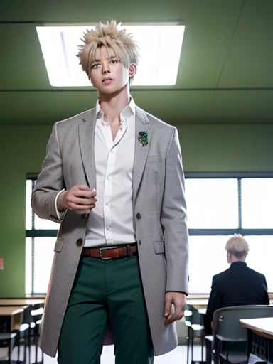 Hyper realistic, standing, bakugo katsuki, cowboy shot, 1boy, blond hair, red pupil, white shirt,, grey coat, green pants, male focus, looking at Viewer, on the classroom, slim 