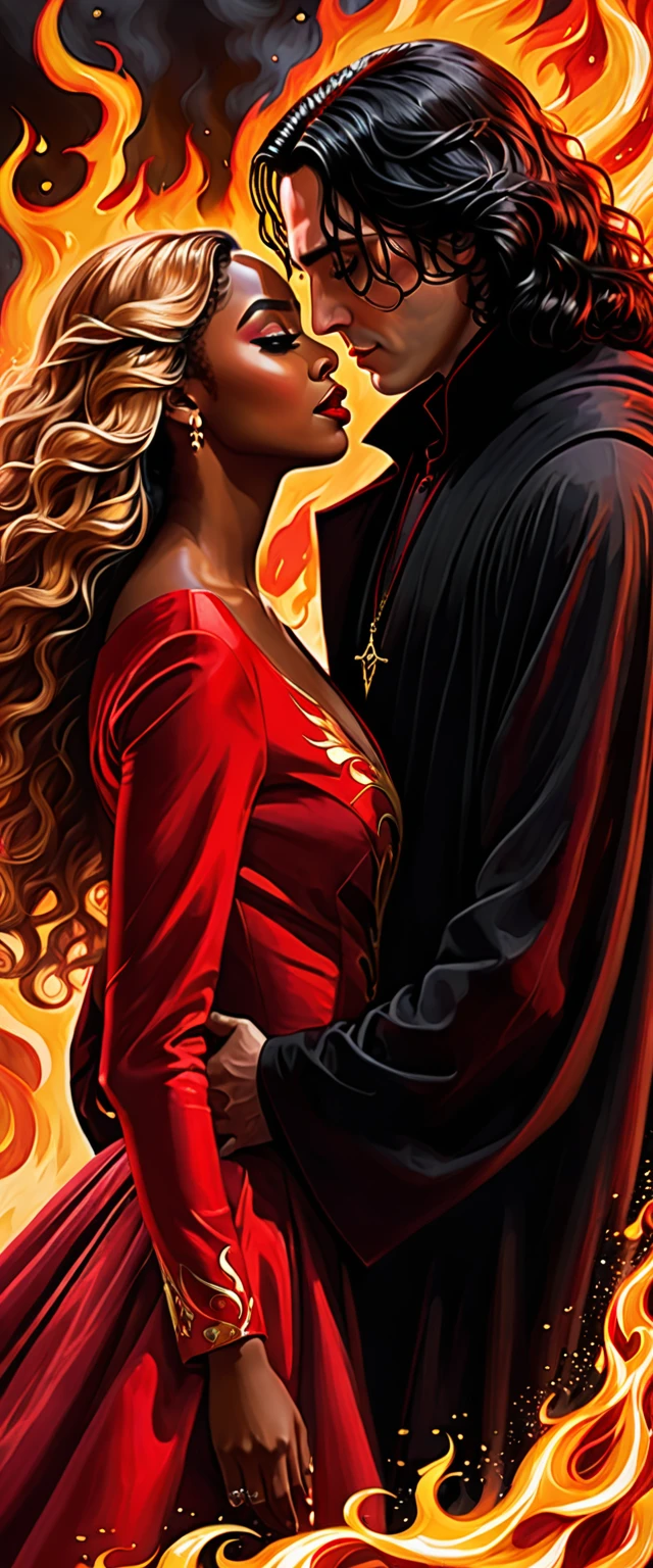 - Scene: Create an image of two people in love in a setting of mystery and passion.
- Woman's Appearance:
- Resembles Beyoncé
- Brown skin
- Long, golden blonde curly hair
- Confident and seductive expression
- Wearing a red dress, elegant and form-fitting
- Lips painted a deep, intense red
- Man's Appearance:
- Resembles Severus Snape
- Pale skin
- Large nose
- Black, straight hair falling around his face in a somber manner
- Serious and intense expression
- Wearing a black cloak, contrasting with the flames around them
- Atmosphere:
- Surrounded by flames, creating a mystical and fiery ambiance
- Soft lighting highlighting their faces, enhancing the sparkle in their eyes
- Flames adding an element of intensity and mystery to the scene
- They are close to each other, gazing intensely into each other's eyes, exuding a strong emotional connection