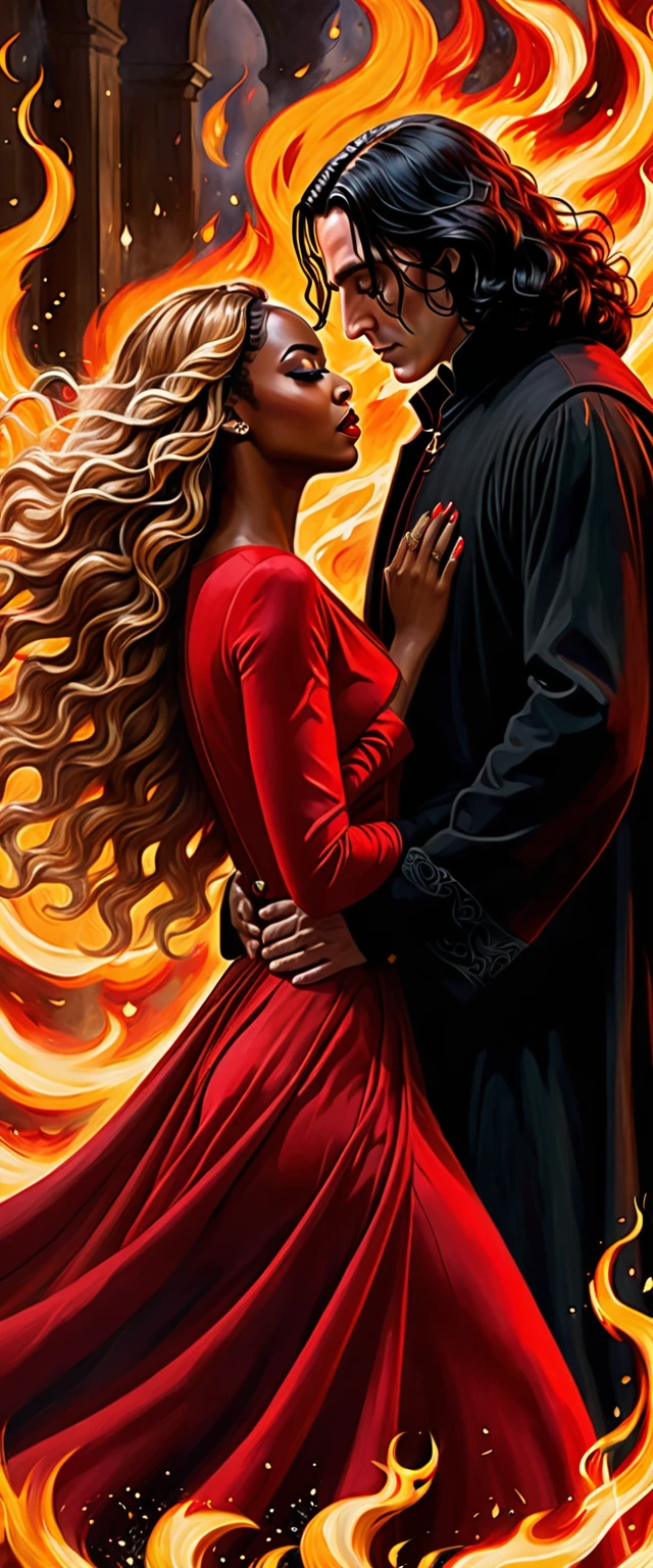 - Scene: Create an image of two people in love in a setting of mystery and passion.
- Woman's Appearance:
- Resembles Beyoncé
- Brown skin
- Long, golden blonde curly hair
- Confident and seductive expression
- Wearing a red dress, elegant and form-fitting
- Lips painted a deep, intense red
- Man's Appearance:
- Resembles Severus Snape
- Pale skin
- Large nose
- Black, straight hair falling around his face in a somber manner
- Serious and intense expression
- Wearing a black cloak, contrasting with the flames around them
- Atmosphere:
- Surrounded by flames, creating a mystical and fiery ambiance
- Soft lighting highlighting their faces, enhancing the sparkle in their eyes
- Flames adding an element of intensity and mystery to the scene
- They are close to each other, gazing intensely into each other's eyes, exuding a strong emotional connection