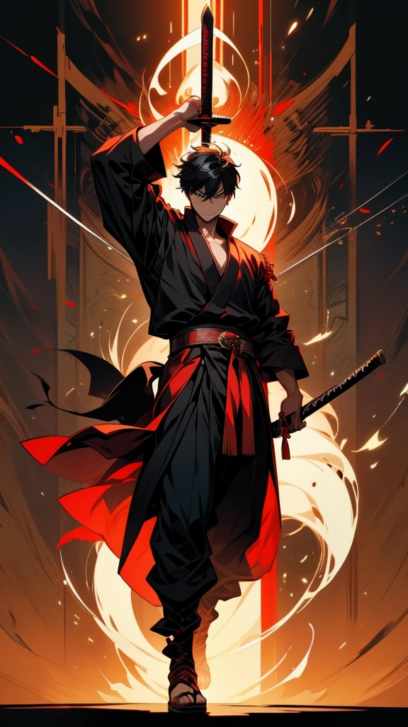 With a sword and a red belt、Anime character holding a sword, Hajime Yatate, okata kazuto, shirow Authentic, shikanosuke yagaki, Inspired by Hiro Yamagata, Samurai Man Wanderer, inspired by Kanō Sanraku, akiyuki shinbou, Authentic, Full body martial arts