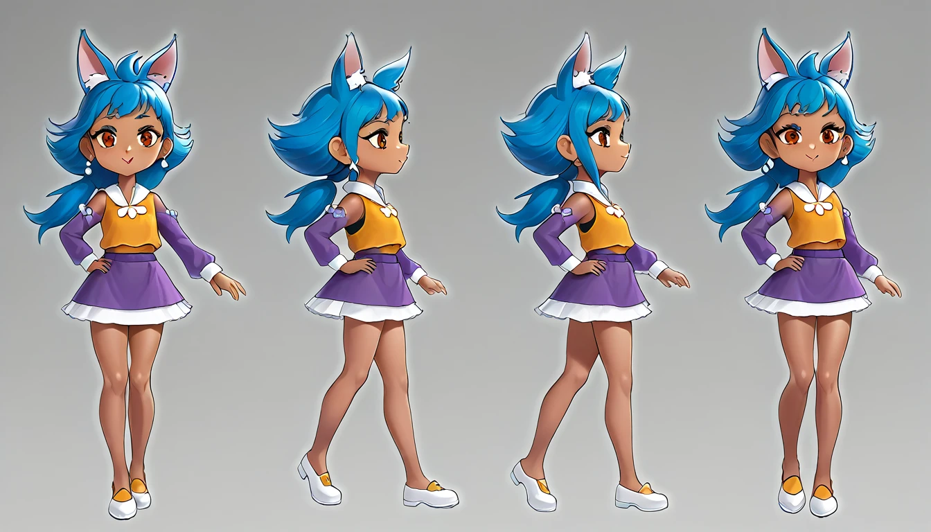 1 Girl，Cat ears，Dark skin tone的女性，Dark skin tone，clothing，earrings，Jackal ears，Jewelry，Long hair,，beautiful girl,Standing，Sexy pose，Blue Hair，skin，Keep your mouth shut，Wear，whole body，solo，Standing, character model sheet turnaround, character turnaround, Animation character design, whole body拍摄转身, detailed whole body概念艺术, Colorful Concept Art, Anime Concept Art, whole body角色概念艺术, whole body概念艺术, game character concept art, Reference Model Table, Character Concept Reference Art，