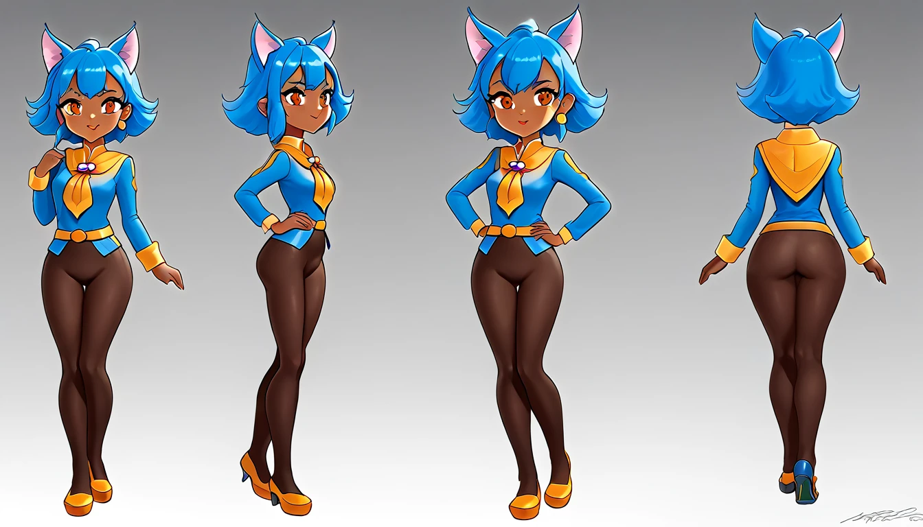 1 Girl，Cat ears，Dark skin tone的女性，Dark skin tone，clothing，earrings，Jackal ears，Jewelry，Long hair,，beautiful girl,Standing，Sexy pose，Blue Hair，skin，Keep your mouth shut，Wear，whole body，solo，Standing, character model sheet turnaround, character turnaround, Animation character design, whole body拍摄转身, detailed whole body概念艺术, Colorful Concept Art, Anime Concept Art, whole body角色概念艺术, whole body概念艺术, game character concept art, Reference Model Table, Character Concept Reference Art，