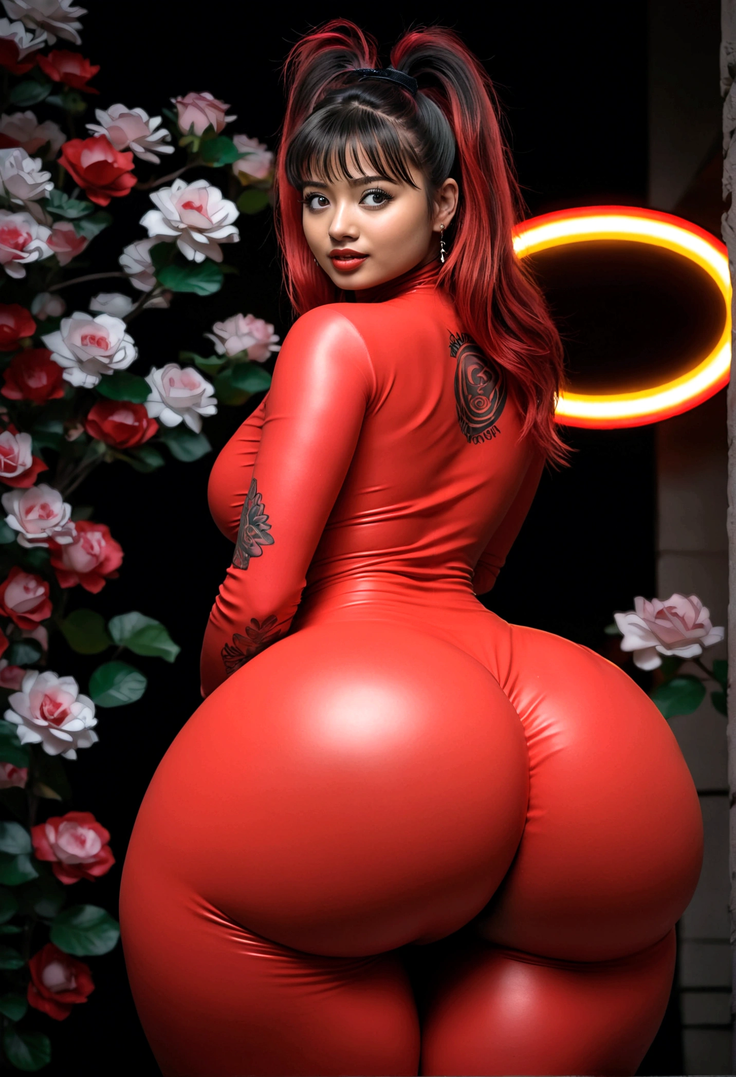 Beautiful woman with amazing body wearing a dark gray latex full body catsuit with red neon tattoos lit up like intense light, young woman, with her back to the camera showing a huge ass, Very slender waist, wide hip, night and urban scenery with bokeh and flares on camera