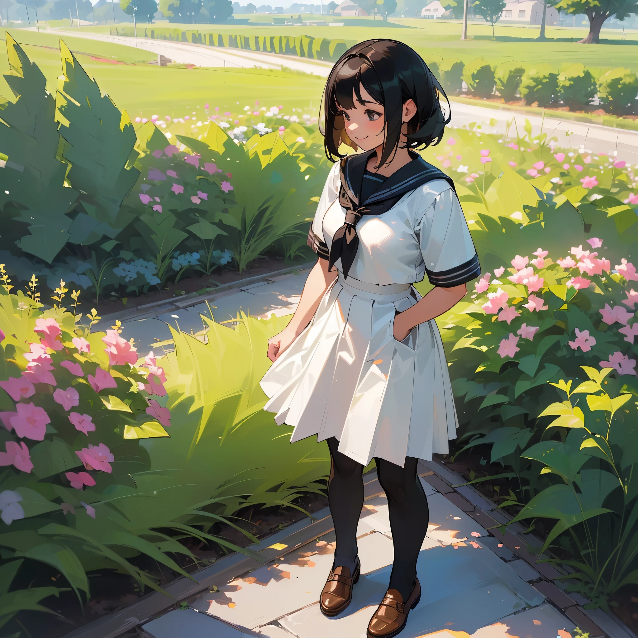 (Highest quality, High resolution, Super detailed, Realistic:1.37), Peaceful atmosphere, (Outdoor, garden), age girl standing alone,(my breasts are big.),Beautifully detailed features, Cute Smile, ((Black bob hair)),Short-sleeved sailor uniform, Pleated skirt,Black tights,Brown leather shoes.