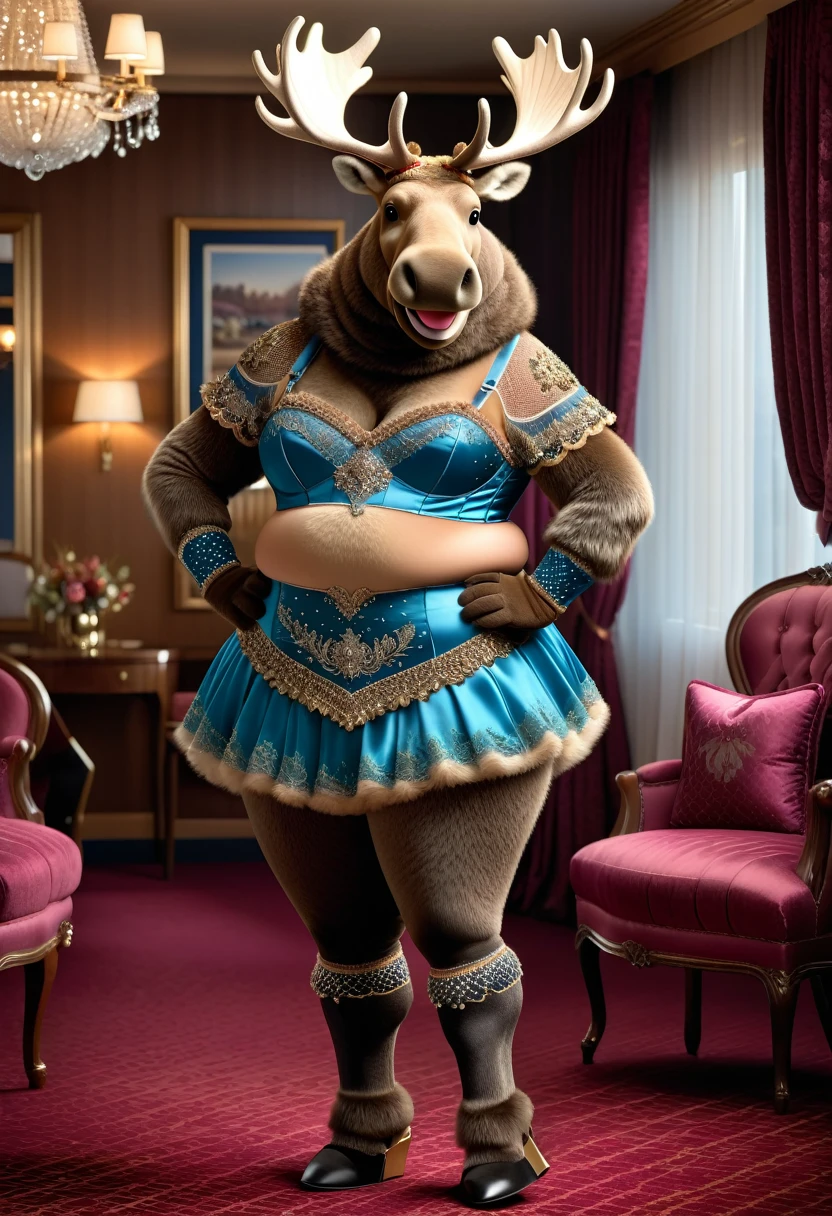 photorealistic portrait of Dressed animals-a ((fat)) ((moose)) dancer,(furry), (elegant pose:1.5), (hands on hips:1.5),(smile:1.5),high quality,(happy),(lovely) ,intricate details, Wearing bustier, (), highly detailed ((bustier)) ,highly detailed decorations of clothes, Fishnet panty horse , (happy), soft lighting,(full body image:2.0),luxury hotel room background,(high heels),