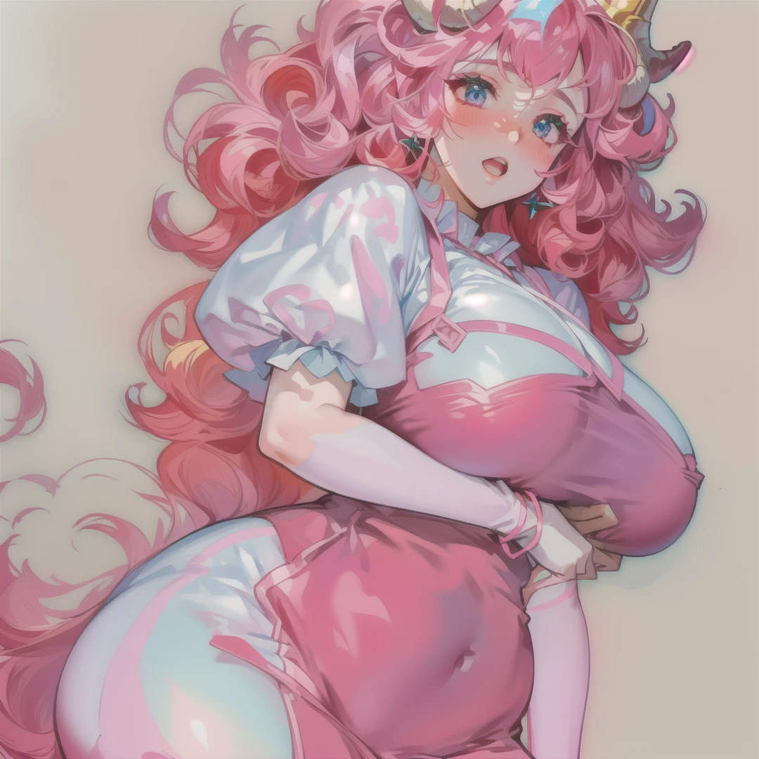 anime - style illustration of a woman in a pink dress with horns, real life big mom, tight gigantic pink curls, gigantic tight pink ringlets, thicc, insanely inflated hips, bubblegum body, huge curly pink hair, , danbooru and artstation, covered in pink flesh, poofy, portrait of princess peach, gigantic pink ringlets