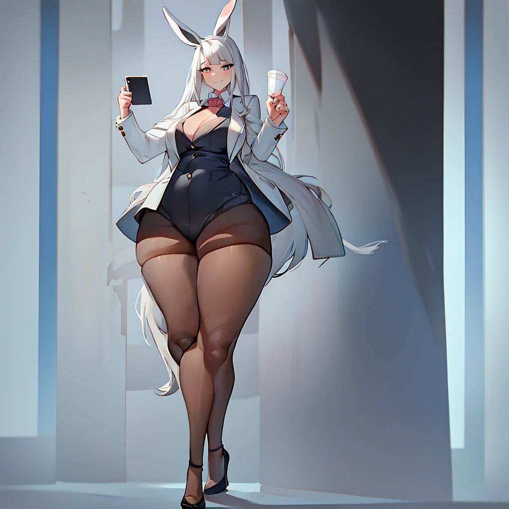 bunny girl, solo, white lab coat, grey eyes, long white hair, bushy ponytail, bushy bangs, full body, standing, full body shot, looking at viewer, shy smile, skindetantion, skindentation on breasts, seductive, huge hips, huge breasts, huge thighs, huge ass, white bunny ears with black tips, dark eye shadow, lab coat buttons straining to contain breasts