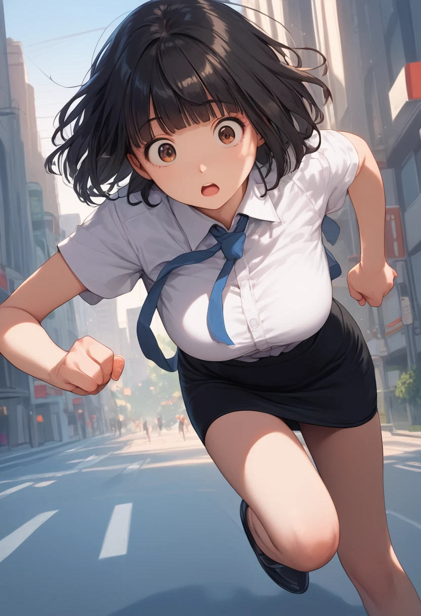 score_9,score_8_up,score_7_up,masterpiece,best quality, source anime, realistic, super detailed, extreme detailed, rating_explicit,
1girl, (running:1.2), (I'm late), office lady,
BREAK girl, 22yo, short hair, bob cut, (blunt bangs), black hair, (tareme, detailed cute brown eyes), curled eyelashes, (large breasts:0.9),
shiny hair, beautiful detailed eyes, beautiful face,
slender, small ass, slim legs,
white collared shirt, black jacket, black tight mini skirt, pumps,
seriousness, Hurried, surprised eyes, wavy open mouth,
city, street, morning,