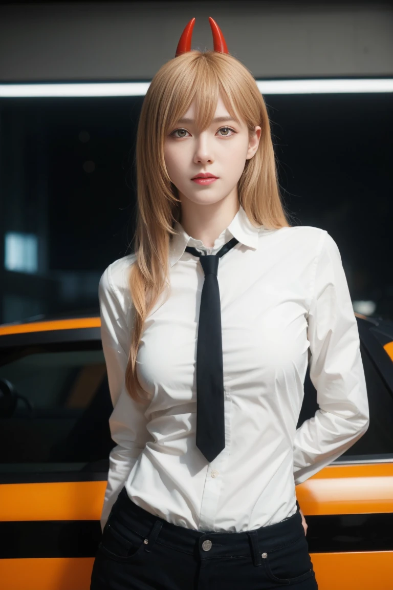 best quality, tmasterpiece,Ultra-high resolution,Clear face,（Reality：1.4），ferpect lighting，(upper body shot), (photorealistic:1.50), anime wallpaper, Guviz style artwork, cover-up fantasy up to magic , by Yang J, Guviz, beautiful artwork illustration, beautiful digital artwork, beautiful digital illustration, Li Song, beautiful anime portrait, art style in Beauvot,  (1girl:1.3), glitch art, (digital distortion), pixelated fragments, data corruption,colorful noise, visual chaos,contemporary aesthetics,happy (blonde hair:1.2), white shirt, red horn, black necktie, black pants, close-up,(red horns, symbol-shaped pupils, cross-shaped pupils, Orange Eyes,), 独奏, standing, (glowing Orange Eyes: 1.4), big breasts, cowboy shot, stare, looking at viewer, (interview:1.3), high resolution, (looking at viewer:1.15),colorful blood,blood is bright red), ((hands behind the scenes, hands behind your back)). Long hair,