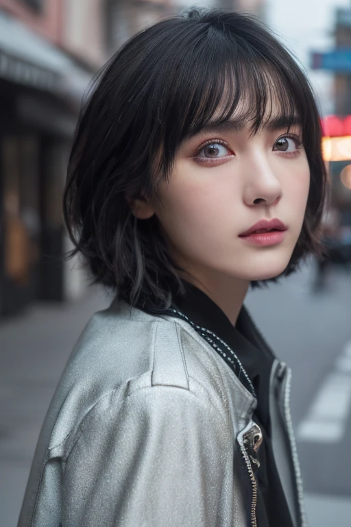 (award winning, 8k, super detailed, high resolution, best quality, photography, portrait), 1girl, solo, beautiful girl, beautiful eyes, detailed eyes, (black eye), jacket, short hair, black hair, street background, POV, ((upper body))