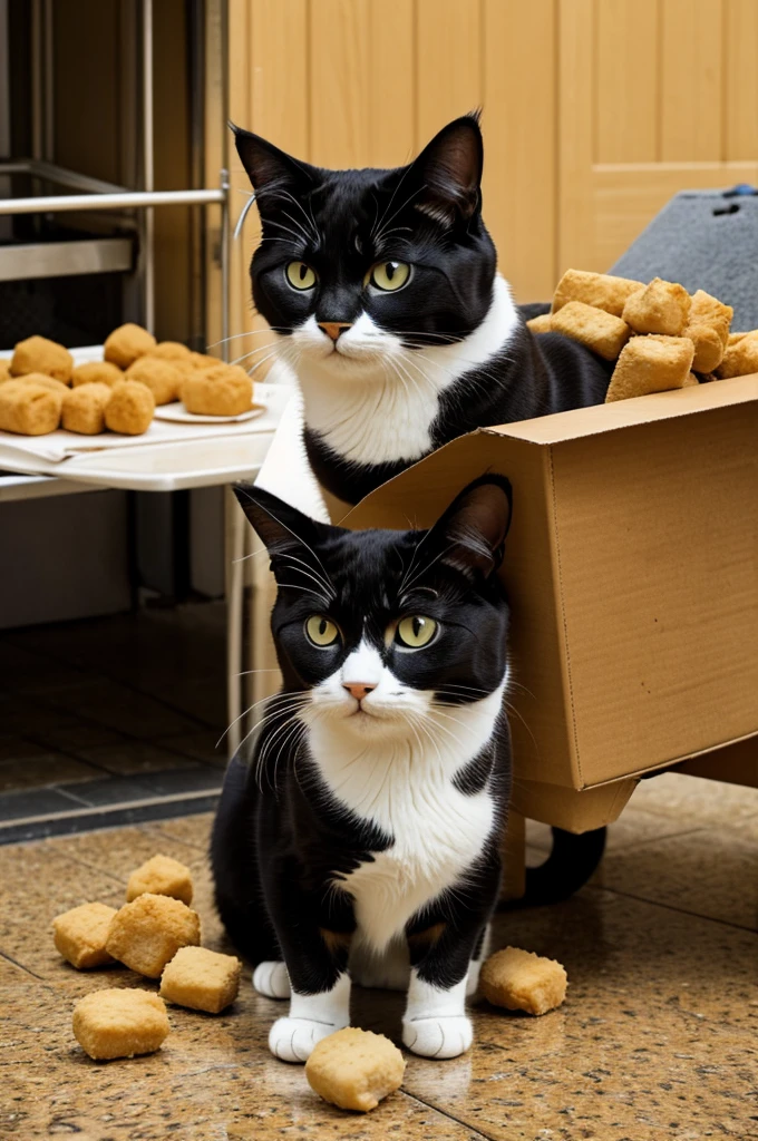 photograph of a cat with a chicken nugget business