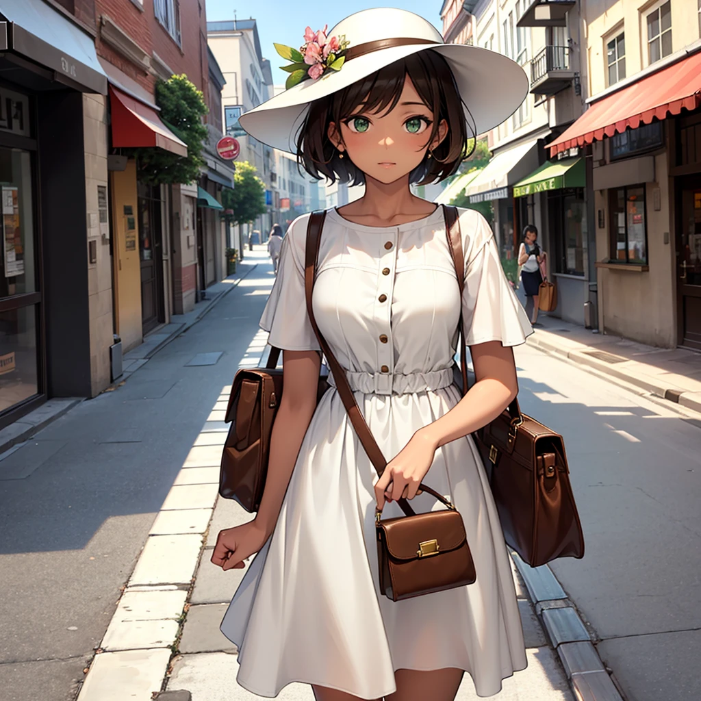 woman, short hair, brown hair, green eyes, brown skin, looking at viewer, street, white dress, elegant hat, bag
