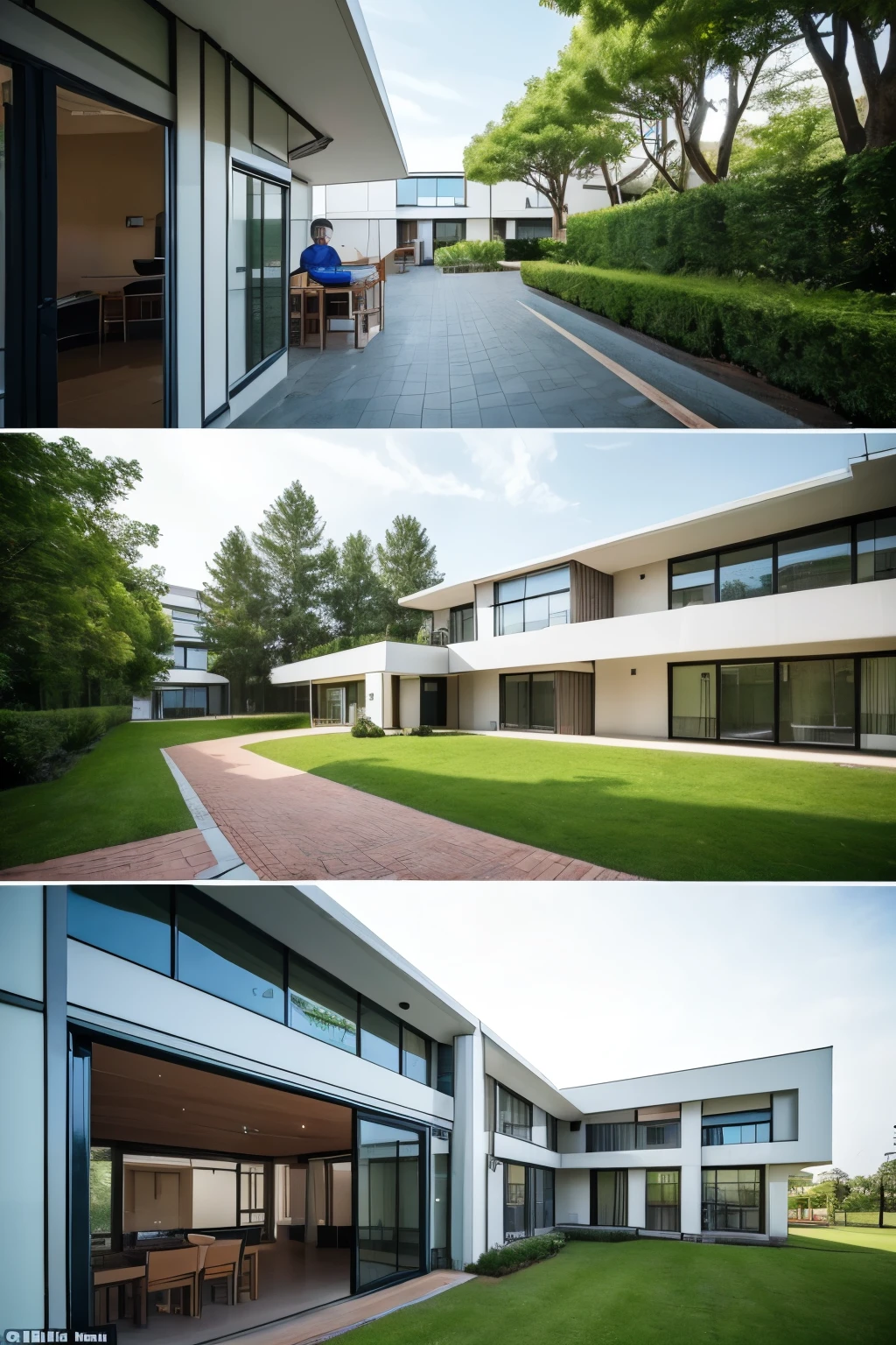 Huge facility　A futuristic group home for elderly people with dementia　Two old men　Interior　Abundant vegetation