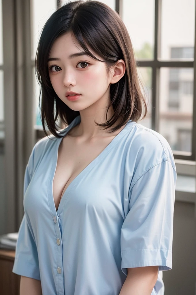 27 year old Japanese woman、Black hair medium long hair、Wear this light blue silk pajama top and bottoms with an open chest for a sexy look.
