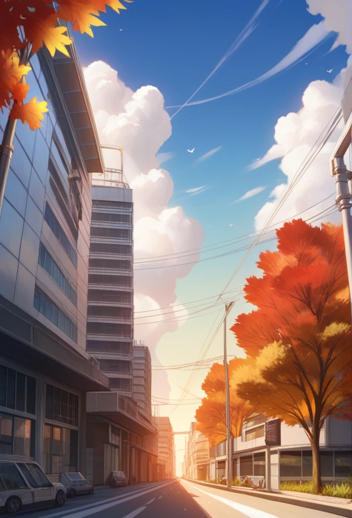 japan, highres, highest quallity, illustration, ultra detailed, (detailed face), (detailed eyes), soft lighting, best quality, hazy glow, dreamy atmosphere, hyper detailed, masterpiece, 1girl, solo, silver hair, green eyes, knitwear, luminous eyes, (colorful), cowboy shot, from below, outdoors, morning, clouds, tall buildings in background, industrial, public transportation, urban, concrete buildings, concrete, sidewalk, busy, trees, autumn, falling leaves,big breasts