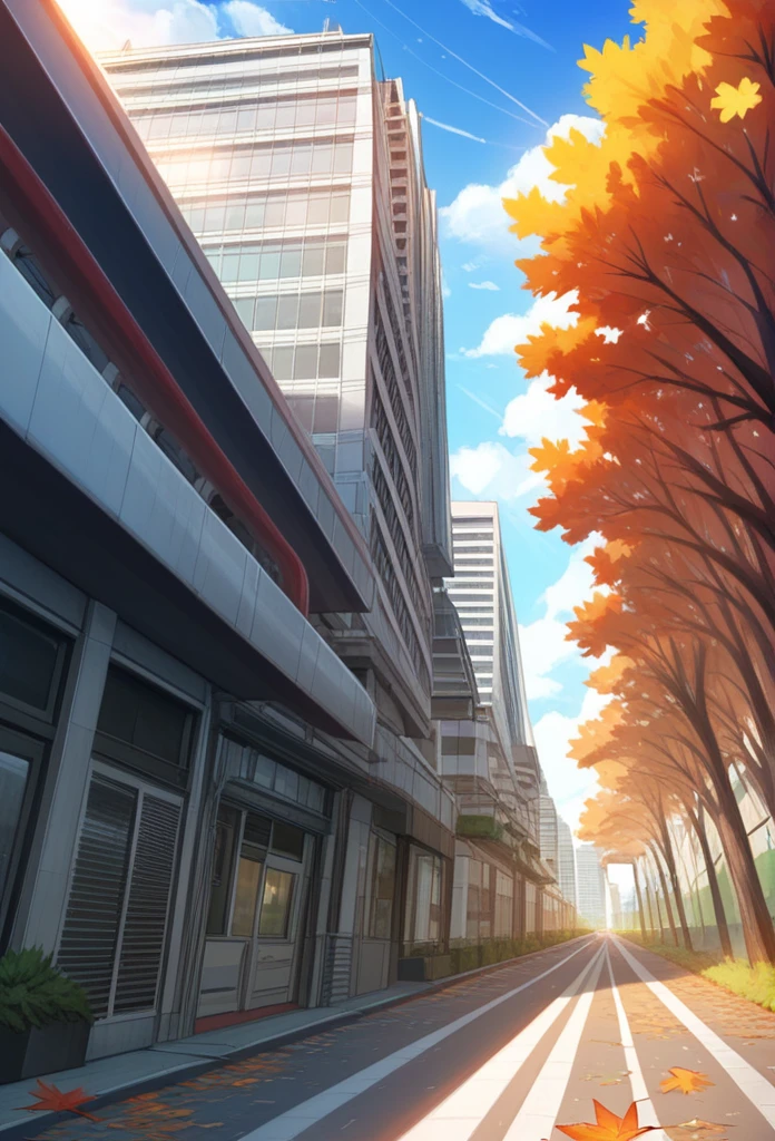 japan, highres, highest quallity, illustration,  ultra detailed, (detailed face), (detailed eyes), soft lighting, best quality, hazy glow, dreamy atmosphere, hyper detailed, masterpiece, 1girl, solo, silver hair, green eyes, knitwear, luminous eyes, (colorful), cowboy shot, from below, outdoors, morning, clouds, tall buildings in background, industrial, public transportation, urban, concrete buildings, concrete, sidewalk, busy, trees, autumn, falling leaves,big breasts 