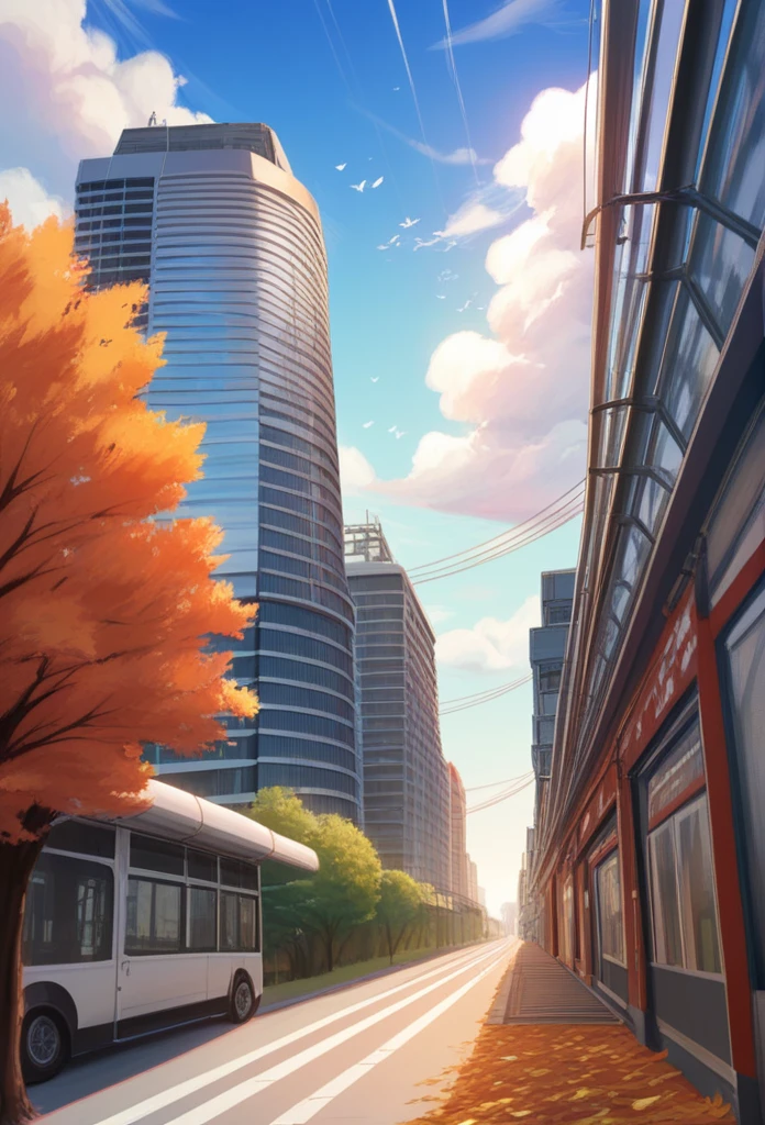 japan, highres, highest quallity, illustration, ultra detailed, (detailed face), (detailed eyes), soft lighting, best quality, hazy glow, dreamy atmosphere, hyper detailed, masterpiece, 1girl, solo, silver hair, green eyes, knitwear, luminous eyes, (colorful), cowboy shot, from below, outdoors, morning, clouds, tall buildings in background, industrial, public transportation, urban, concrete buildings, concrete, sidewalk, busy, trees, autumn, falling leaves,big breasts