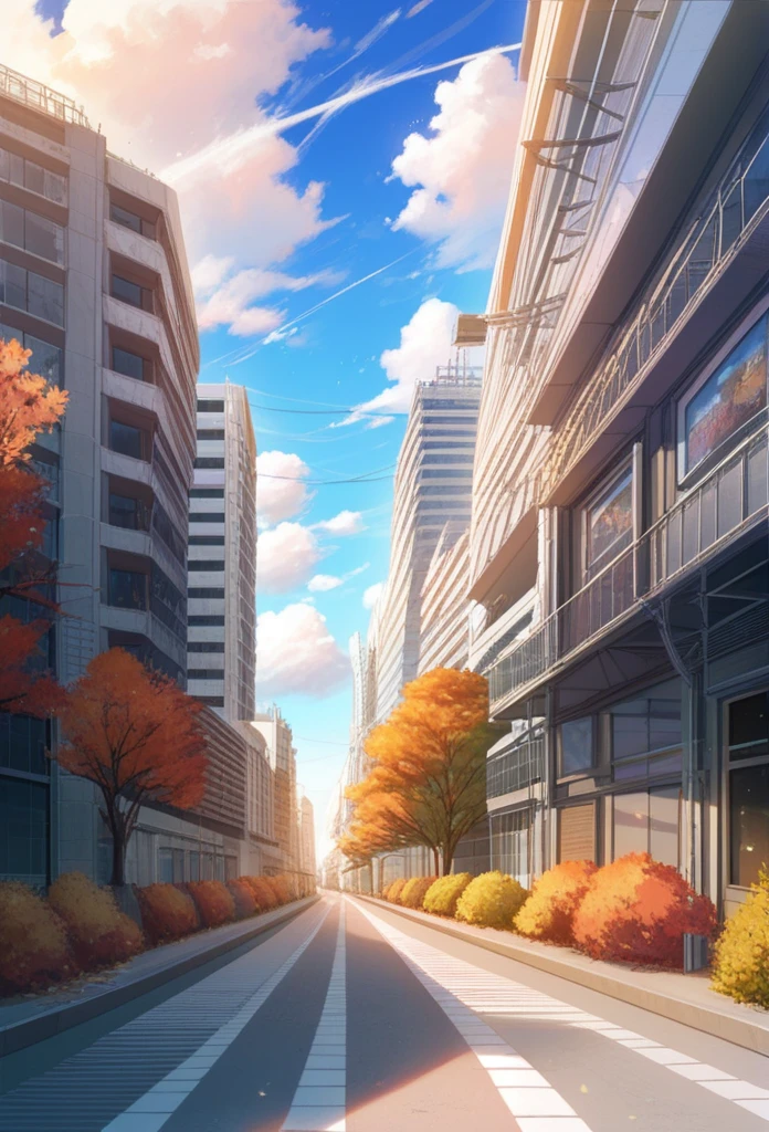 japan, highres, highest quallity, illustration,  ultra detailed, (detailed face), (detailed eyes), soft lighting, best quality, hazy glow, dreamy atmosphere, hyper detailed, masterpiece, 1girl, solo, silver hair, green eyes, knitwear, luminous eyes, (colorful), cowboy shot, from below, outdoors, morning, clouds, tall buildings in background, industrial, public transportation, urban, concrete buildings, concrete, sidewalk, busy, trees, autumn, falling leaves,big breasts 