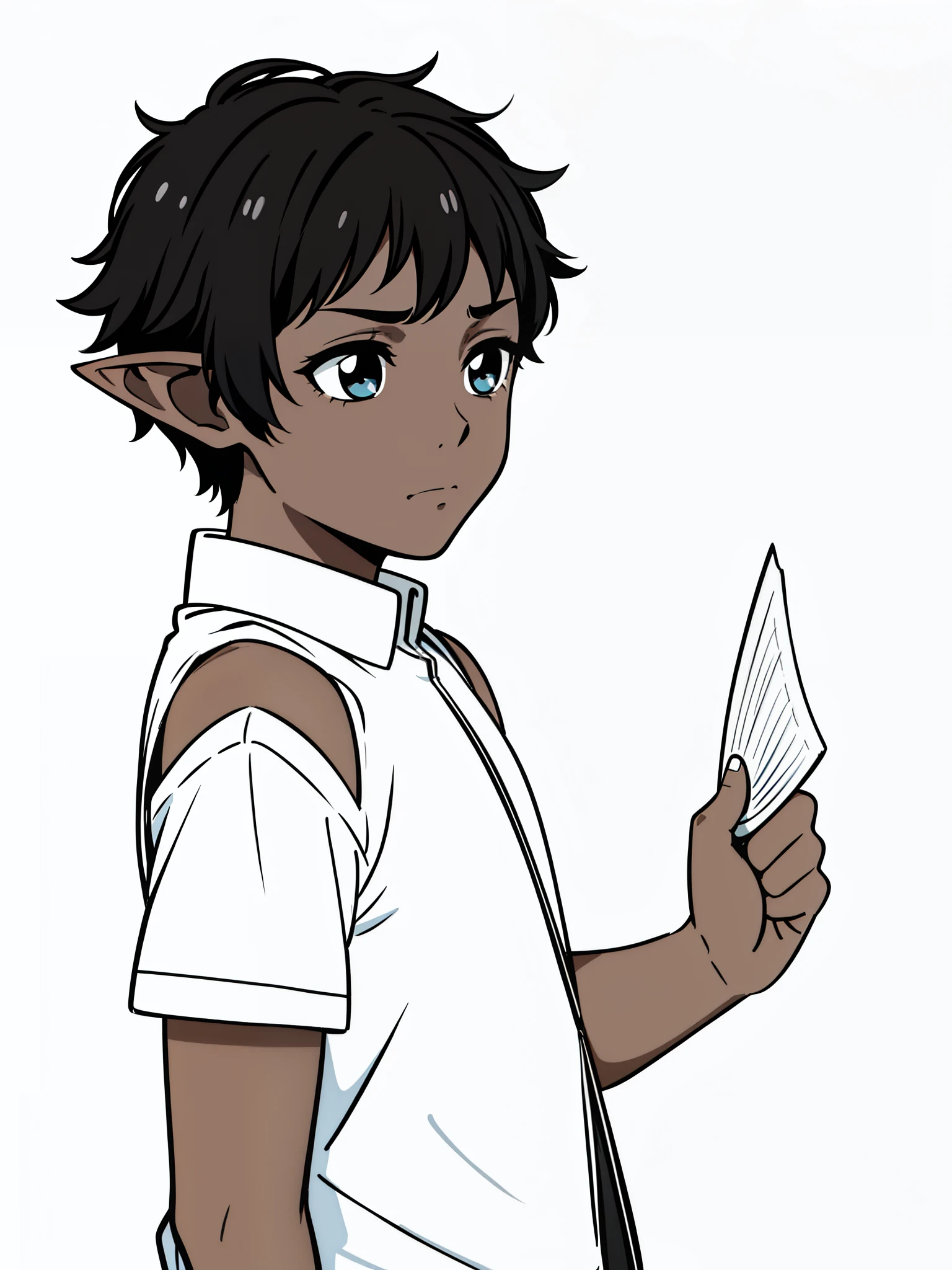 (1boy,8 ,solo,kid),((dark skin)),short hair,(black hair),elf ears,,portrait,from side,sad,(white background,line drawing)