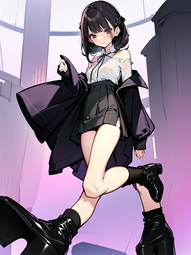 ピクシーカット、Slender beautiful girl、10th Generation、see-through shirt、off shoulder、high west simple skirt、 Black knee socks、Platform boots、shibuya、