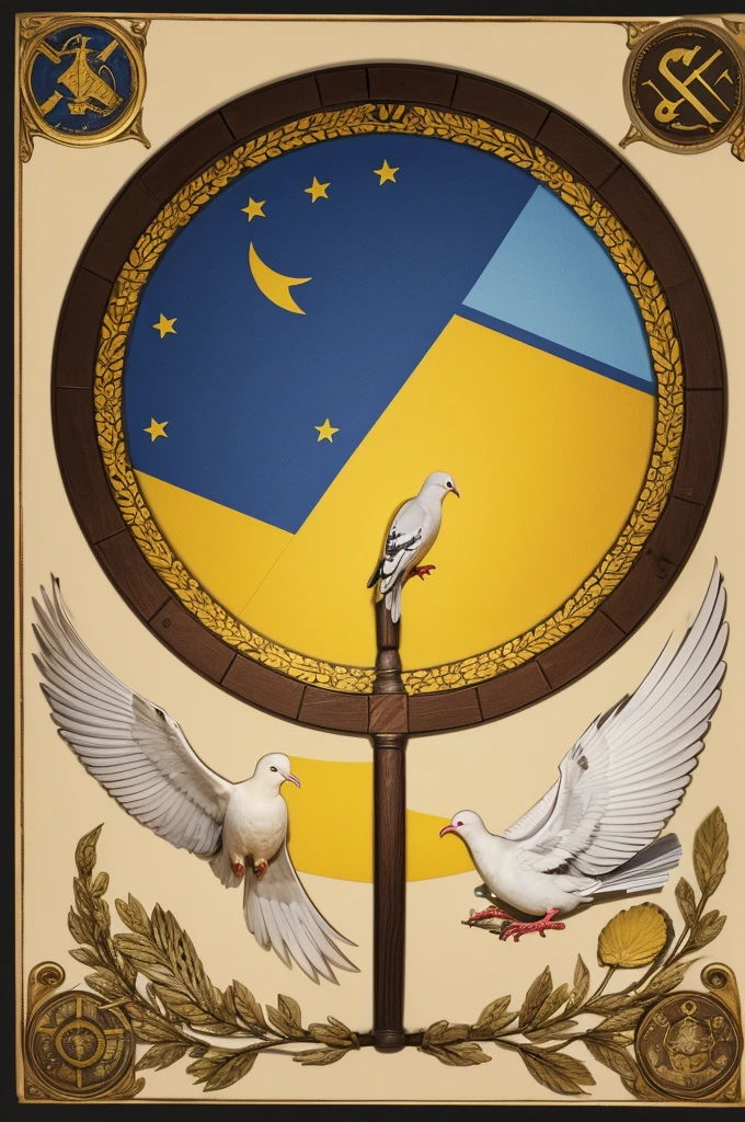 "a flag with a yellow background,with a Bible,and a dove,and the letter A with a circle cut out.