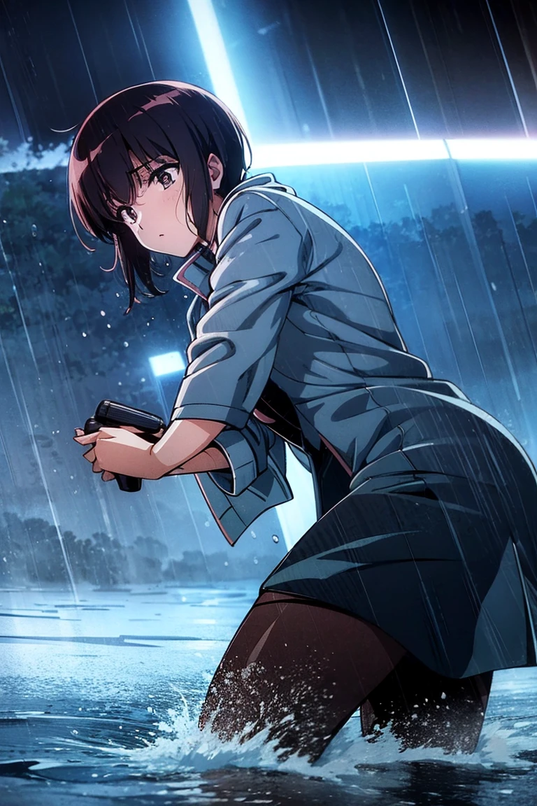 A Japanese anime-style illustration of a female news reporter broadcasting in the middle of a typhoon. The scene shows the reporter holding a microphone and wearing a raincoat, struggling against strong winds and heavy rain. The background includes stormy skies, swaying trees, and waterlogged streets, capturing the intensity of the typhoon. 