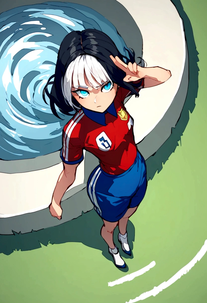 score_9, score_8_above, score_7_above, score_6_above, score_5_above, score_4_above, fountain_anime woman,soccer player,clear skin,thin face ,blue eyes,black hair,wide,fringe,white hair strands,standard height,collected in a queue,big breasts,small waist,long legs,France national team uniform,In a soccer field,kicking the ball.