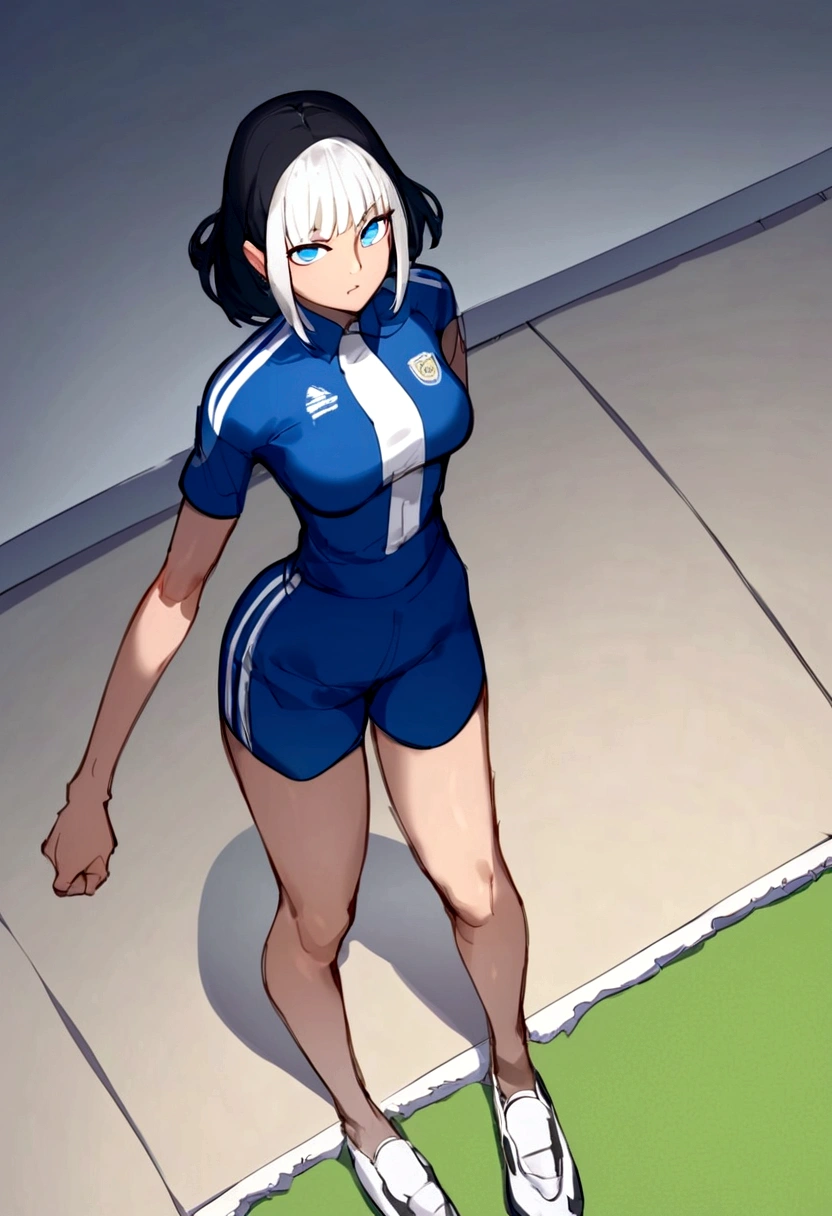 score_9, score_8_above, score_7_above, score_6_above, score_5_above, score_4_above, fountain_anime woman,soccer player,clear skin,thin face ,blue eyes,black hair,wide,fringe,white hair strands,standard height,collected in a queue,big breasts,small waist,long legs,France national team uniform,In a soccer field,kicking the ball.