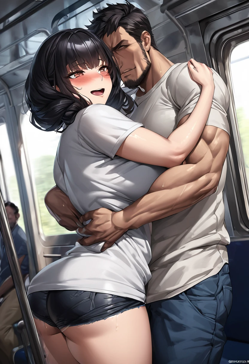 hyperrealistic anime,1woman,adult curvy female,at train,man with t-shirt standing behind woman,black hair,t-shirt,pants,medium hairglasses,unkempt hair,modest woman,from behind and side,(man grabbing woman's pantp from behind:1.1),molested,groped,blushed and grinning