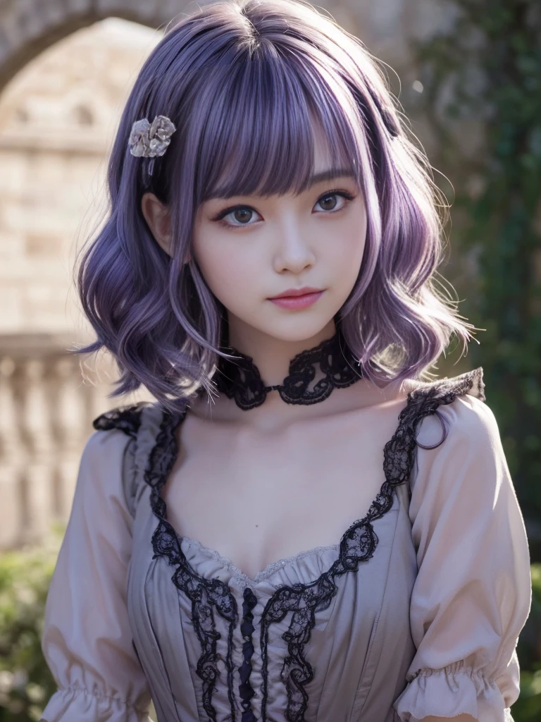 (Highest quality, Very detailed, masterpiece:1.2), 1 female, Very thin body, length, Thin legs, ((Purple-hair-color wavy short hair:1.2)), ((Thick and fluffy bangs)), Very detailedな顔,A faint smile, small, Thin Nose, small thin mouth, Extremely sharply focused eyes, Japanese, Beautiful Face, Realistic eyes, Beautiful and beautiful eyes, Realistic Skin, Beautiful Skin, charm, (Lively Faces), Beautiful Hairstyles,((Victorian Dress)), Gothic design, Creepy and unique hairstyles, High resolution, Vibrant color palette,ダイナミックポーズ,Old castle in the background, weird lighting, and a small, old castle in the background.