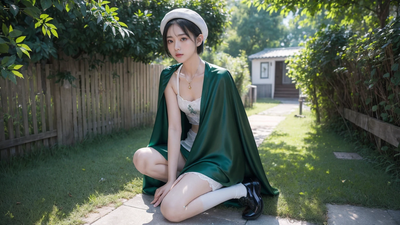 (Super detailed)),((illustration)),((masterpiece)),(((need))),((fine、Highest quality CG Unity 8K wallpapers,masterpiece),((4K,masterpiece,best quality)),Girl with short silver hair,flat chest,Gold and silver eyes,Green apprentice clothes,Black short cape,Berets,Black shoes,White Silk,Monocle,The walls are covered with self-portraits that are slightly different from myself.,身边rainbow环绕,将画笔戳向rainbow中,Exhaustion,Overworked,There is a drawing board in front of me,In the green humble house,Sun rain,rainbow,individual,Full body picture