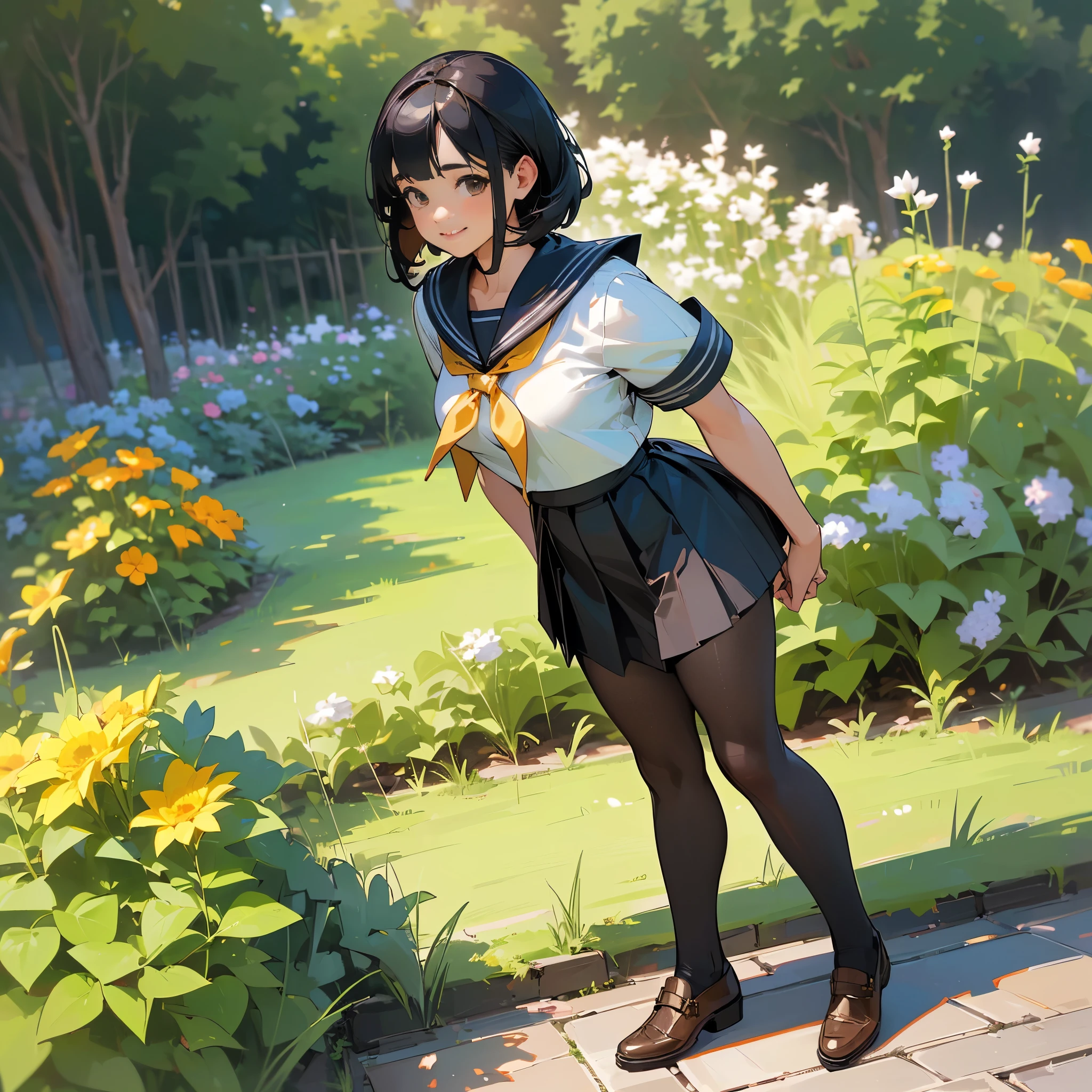 (Highest quality, High resolution, Super detailed, Realistic:1.37), Peaceful atmosphere, (Outdoor, garden), girl standing alone,(my breasts are big.),Beautifully detailed features, Cute Smile, ((Black bob hair)),Short-sleeved sailor uniform, Pleated skirt,Black tights,Brown leather shoes.