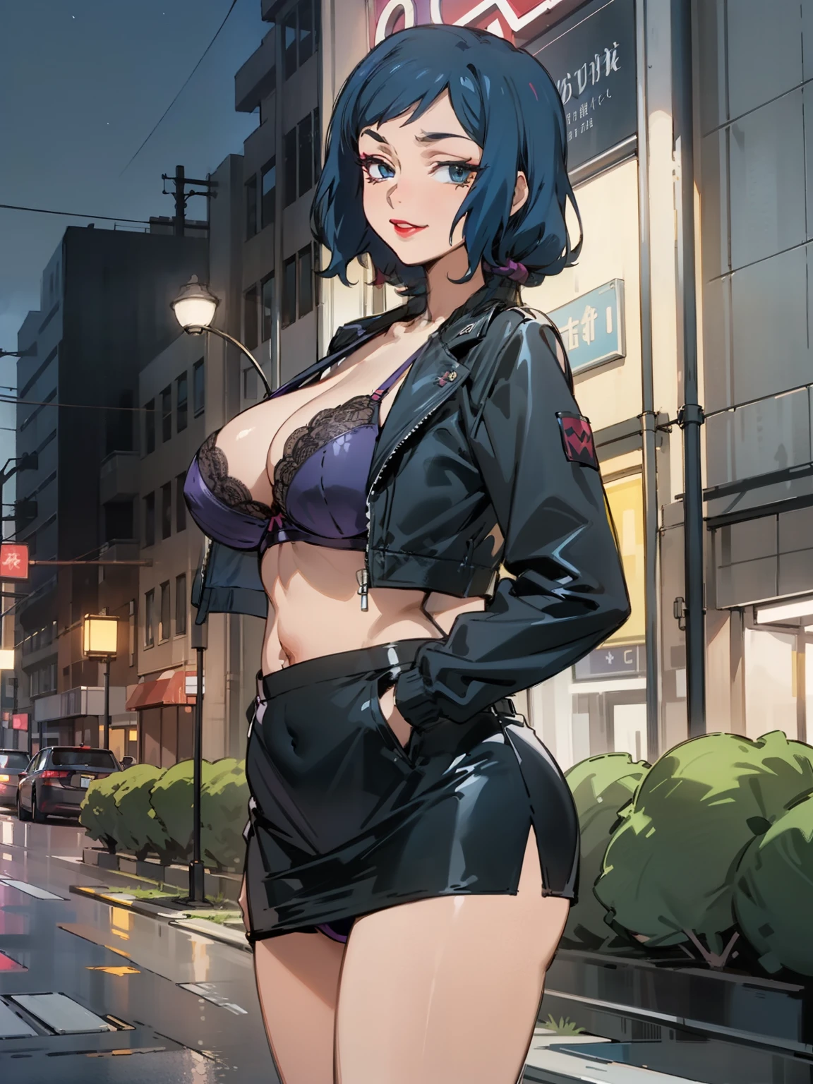 Night time,(Masterpiece), Best Quality, ultra-detailed, 1girl (rinko_iori, Slender and sexy body, huge breasts, wide hips, dark blue hair, long wave hair, blue eyes, half-closed eyes), evil face, smirk ,parted lips, mascara, full makeup, red lipstick, hookerchic, facing viewer, looking at viewer, solo, black latex jacket, short jacket, purple lace bra, navel, black skirt, tight skirt, micro mini skirt, purple lace panties, fishnets, outdoor, street, neon sign, standing, sexy waist teasing,  ,