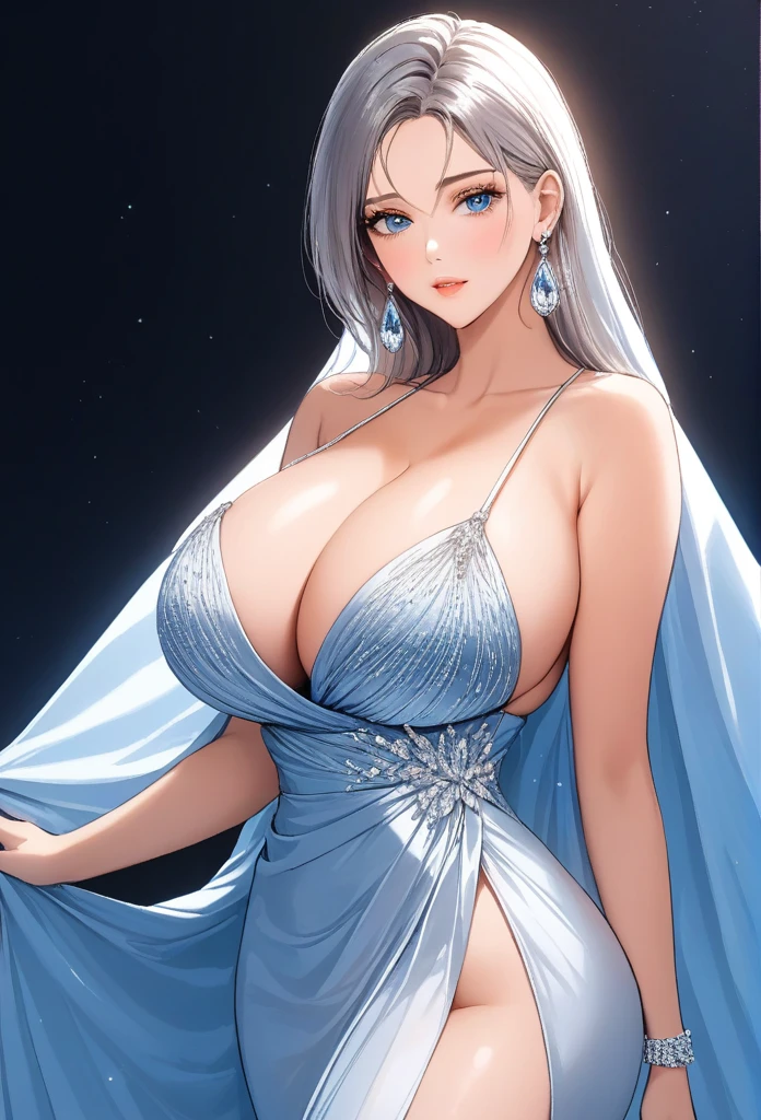 (masterpiece, best quality), intricate details, , a beautiful woman wearing earrings, inspired by Emma Andijewska, draped in crystals, silver color, long earrings, sandra chevier, huge earrings, 2019, blue-eyed, platinum jewellery, earring, flawless structure, silver earring, big breasts ,full body shot,