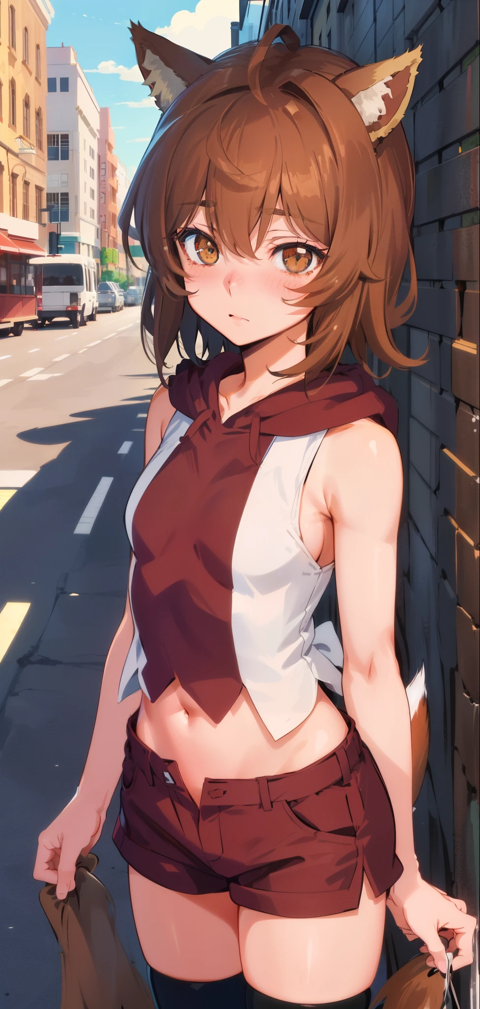 anime coloring,anime screencap,
1girl, solo, cropped tank top, skirt, tail, animal ears, healthy skin, navel, brown hair, blush, sleeveless, dog ears, short hair, standing straight, (((ultra-detailed eyes, 20 years old, street, brown_eyes))).( Cowboy_shot).