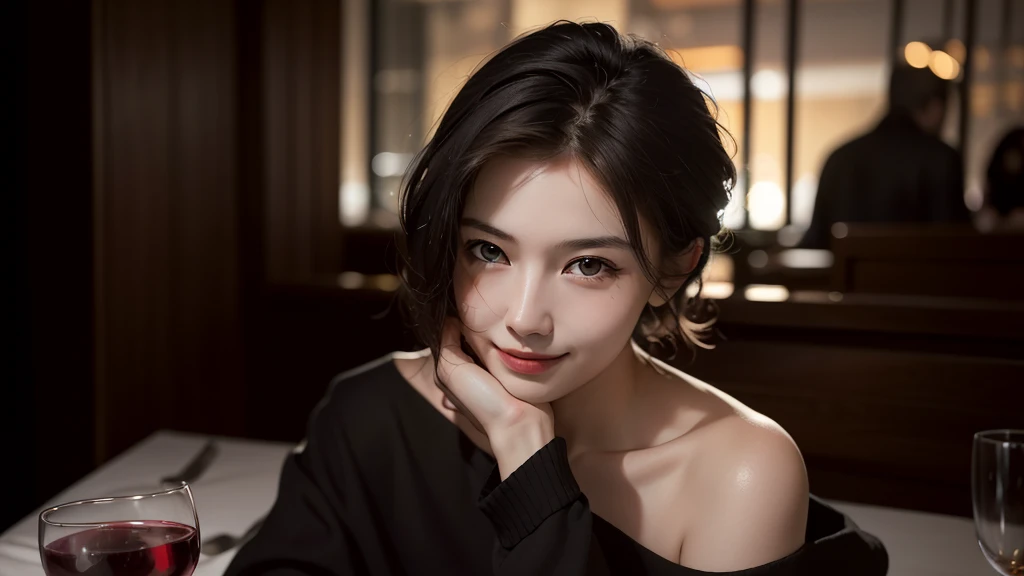 Best quality, masterpiece, ultra high res, (photorealistic:1.5), raw photo, 1girl, offshoulder, in the dark, deep shadow, low key, cold light, sexy look, short hair、Drinking wine at a restaurant with a beautiful night view、smile