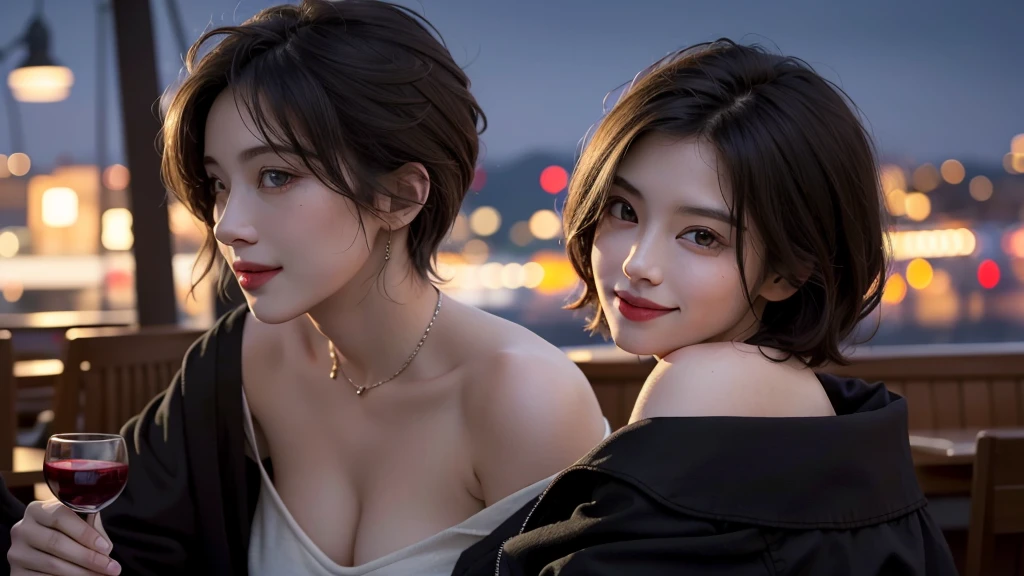 Best quality, masterpiece, ultra high res, (photorealistic:1.5), raw photo, 1girl, offshoulder, in the dark, deep shadow, low key, cold light, sexy look, short hair、Drinking wine at a restaurant with a beautiful night view、smile