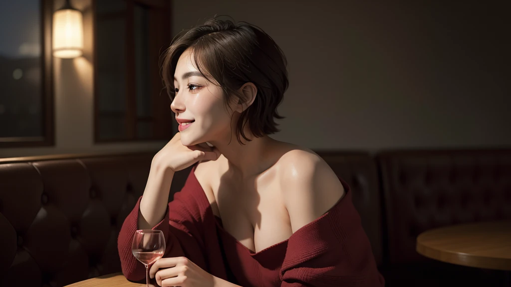 ((beste Quality、8k、master masterpiece:1.3))、Holding a white wine glass in his right hand、Sorrisos、upper bust、upper bust、Slim Faces、chubby face、a pretty woman、(dark brown hair)、The dress:1.1、hyper detailed face、detailled eyes、double eyelidwork、blurred background、wine glass、white wine、Japanes lady、38歳、41歳、short haired、upper body