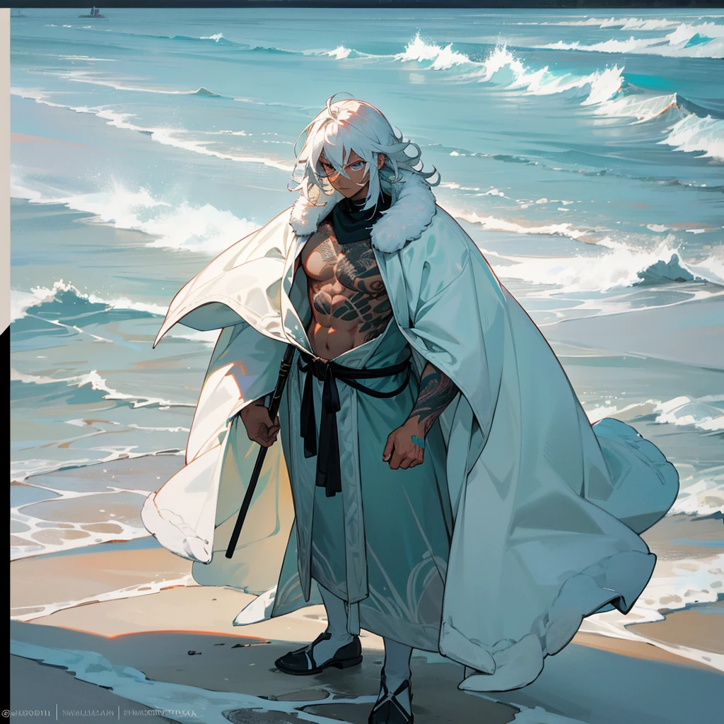 1male, young adult, dark skin, finely detailed aqua eyes, wild medium hair, seashell white hair color, loose snow clothing, oversized fur hood, standing on coast, day time, beach, somber expression, muscular, flowers, tattoos